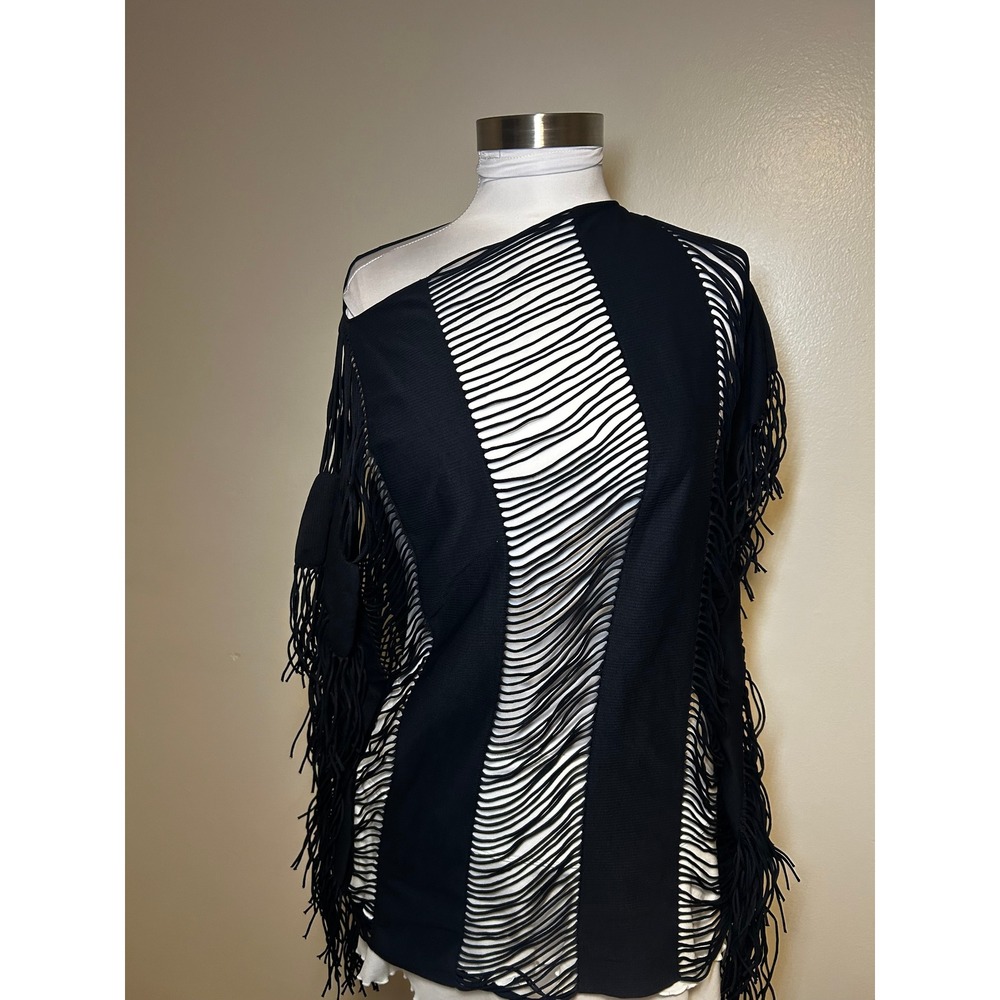 PILYQ S Monique Black Blend Fringe Sleeveless Casual Top Black Shredded Fringe